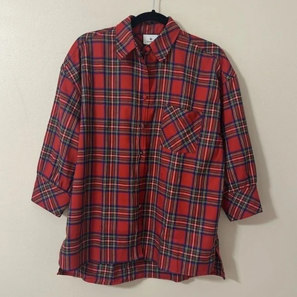 Tuckernuck Red Plaid Button Front Relaxed Tunic Shirt Women’s XS Preppy - Picture 4 of 9